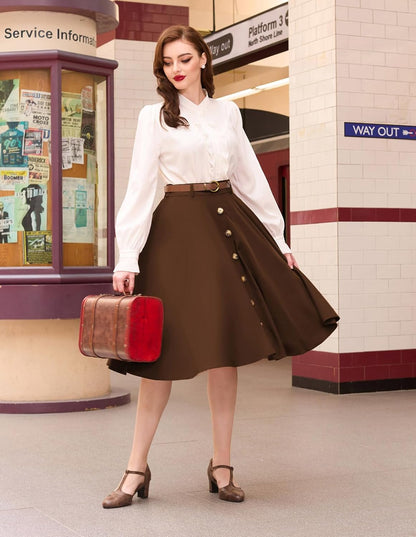 Women'S Vintage Stretch High Waist A-Line Flared Midi Skirts with Pockets & Belts