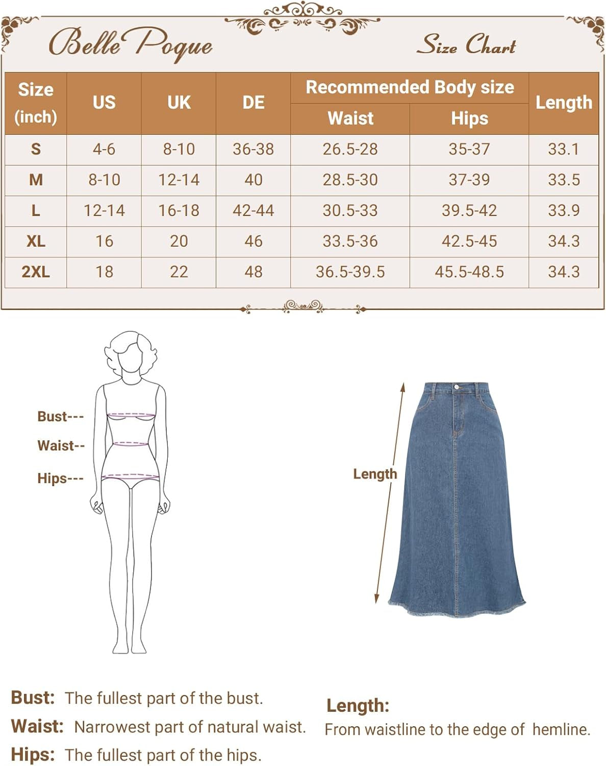 Vintage Denim Skirts for Women Elastic High Waist Frayed Raw Hem A-Line Maxi Long Jean Skirts with Pockets