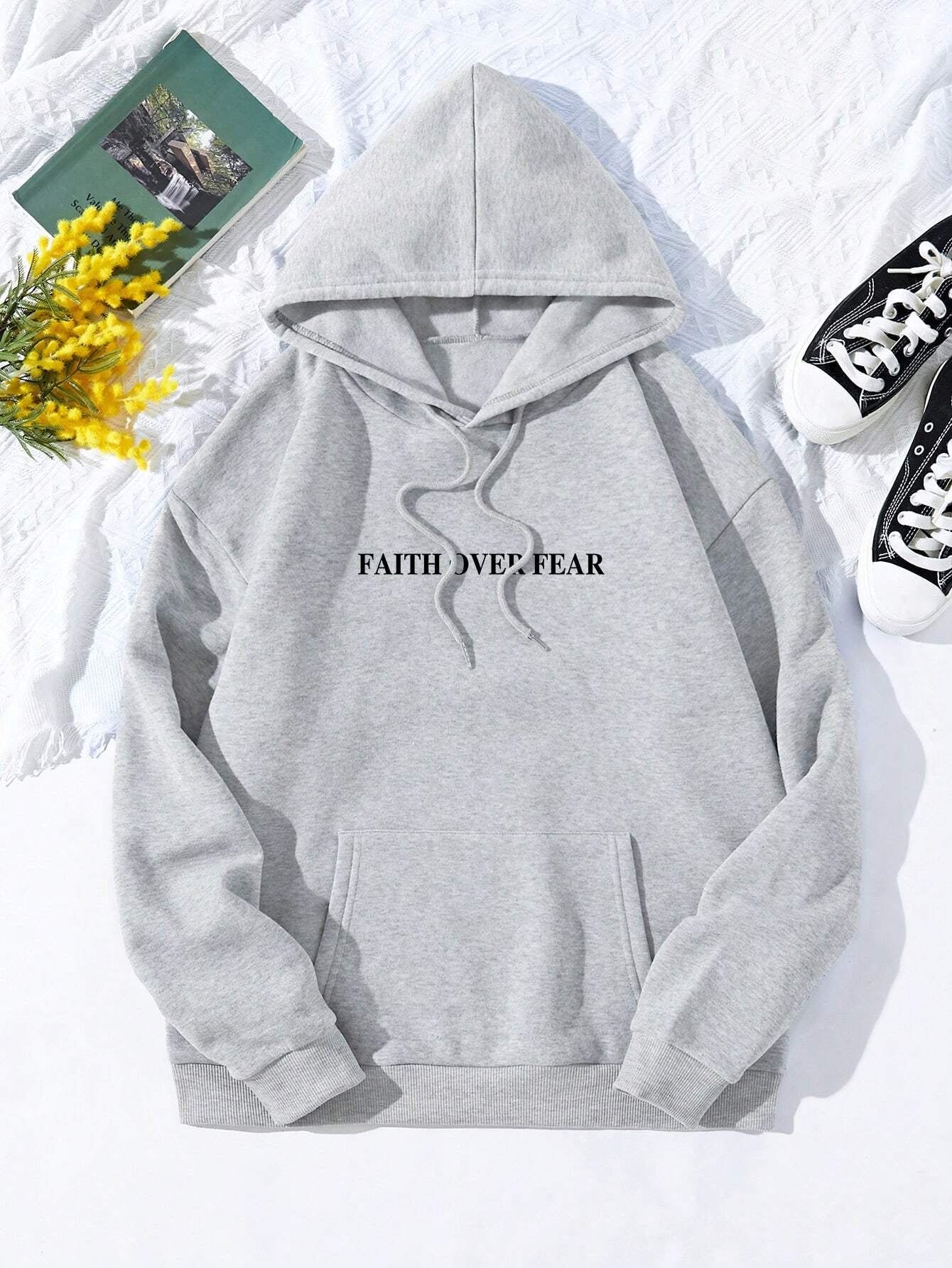 Ezwear Women'S Casual Simple Slogan Printed Hooded Sweatshirt FAITH over FEAR the LORD IS on MY SIDE I WILL NOT FEAR WHAT CAN MAN DO to PSALMS 118: 6