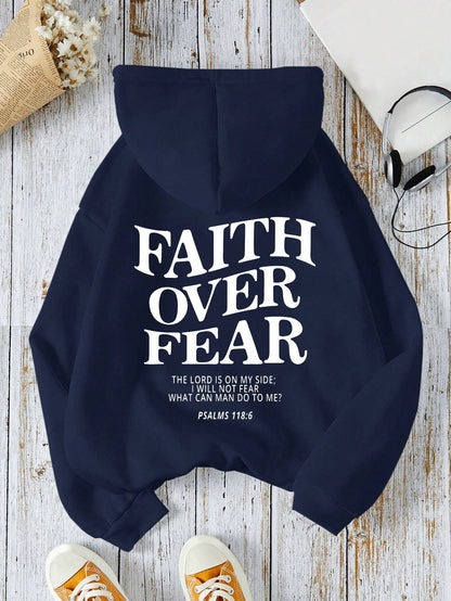 Ezwear Women'S Casual Simple Slogan Printed Hooded Sweatshirt FAITH over FEAR the LORD IS on MY SIDE I WILL NOT FEAR WHAT CAN MAN DO to PSALMS 118: 6