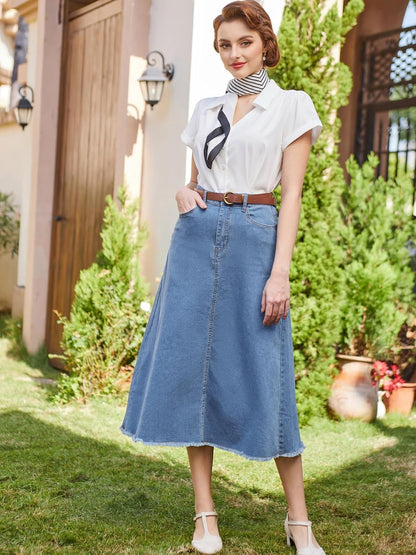 Vintage Denim Skirts for Women Elastic High Waist Frayed Raw Hem A-Line Maxi Long Jean Skirts with Pockets