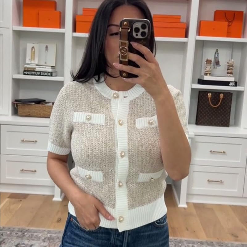 Womens Summer Button down Cardigans Shirts Casual Short Sleeve Crew Neck Cropped Lightweight Sweater Tops