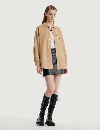 Faux Suede Jacket with Leather Belt Camel Button Turndown Collar Womens Fall Coat