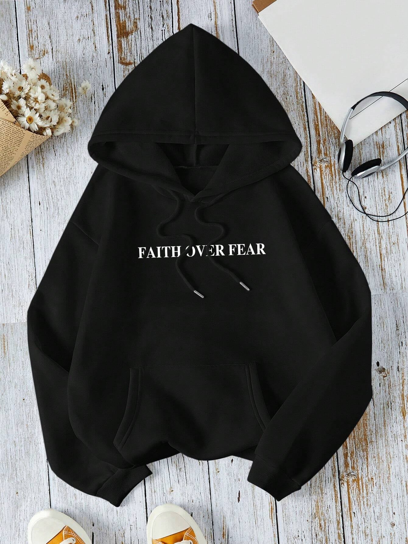 Ezwear Women'S Casual Simple Slogan Printed Hooded Sweatshirt FAITH over FEAR the LORD IS on MY SIDE I WILL NOT FEAR WHAT CAN MAN DO to PSALMS 118: 6