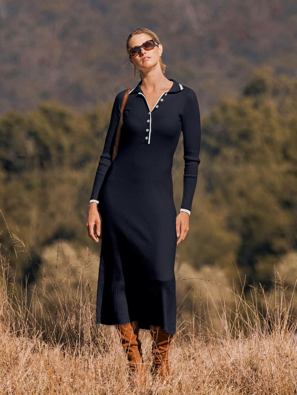 Women'S Long Sleeve V Neck Sweater Dress Button Ribbed Knit Slim Fit Elegant Maxi Dresses