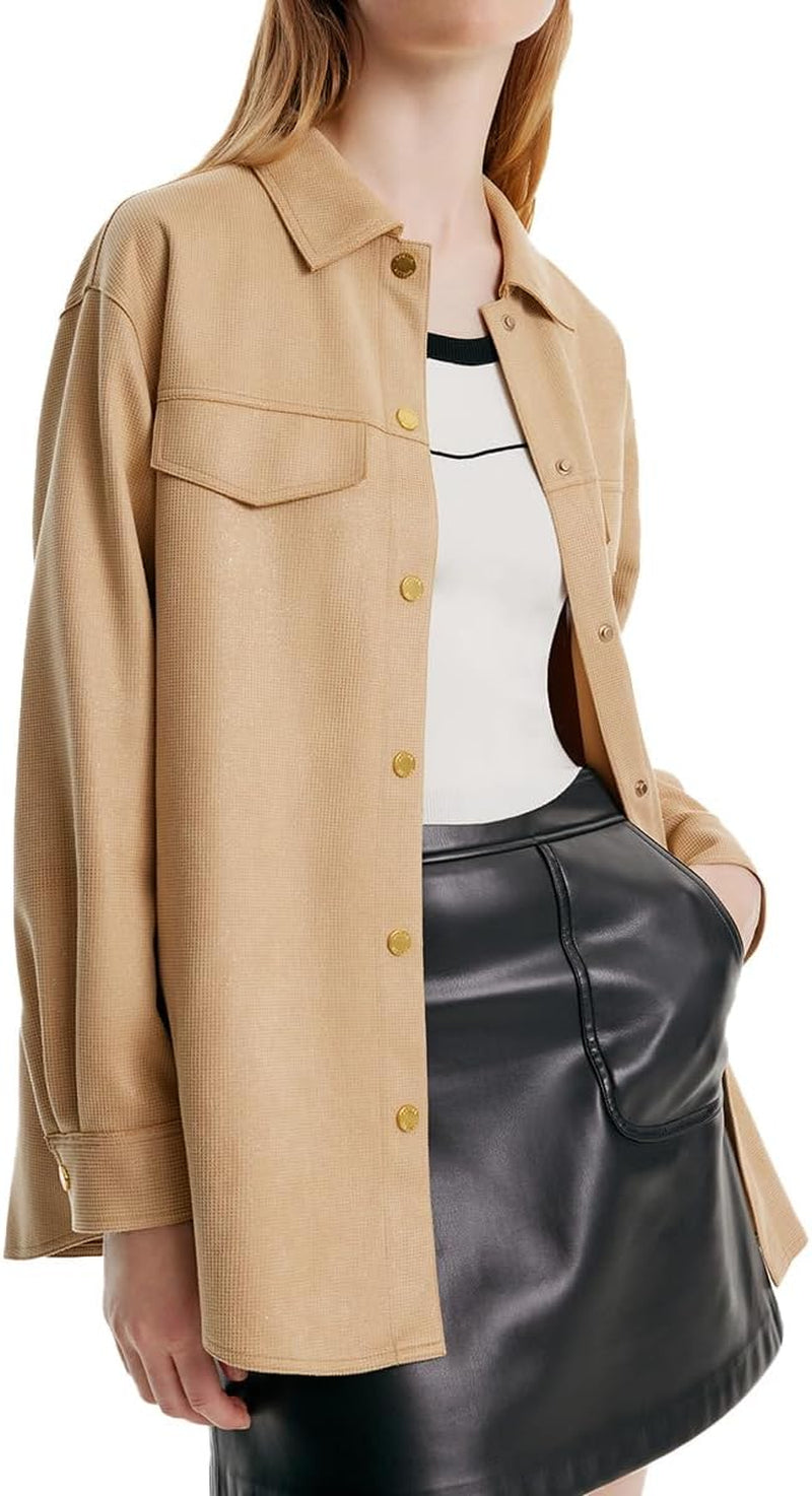 Faux Suede Jacket with Leather Belt Camel Button Turndown Collar Womens Fall Coat