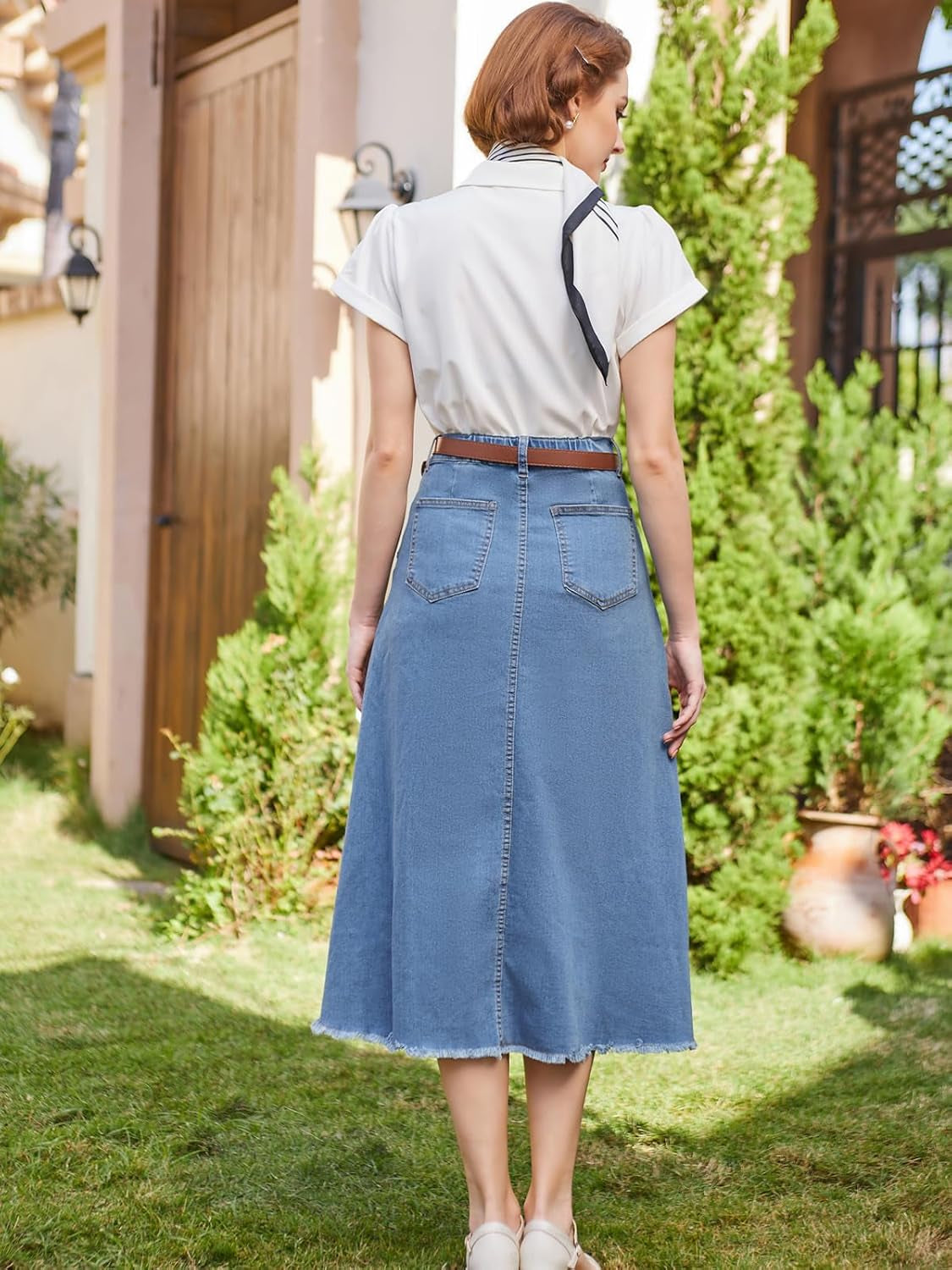 Vintage Denim Skirts for Women Elastic High Waist Frayed Raw Hem A-Line Maxi Long Jean Skirts with Pockets