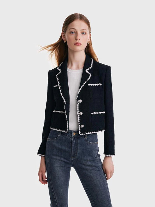 Blazer - Women's Tweed Black with White Trimming