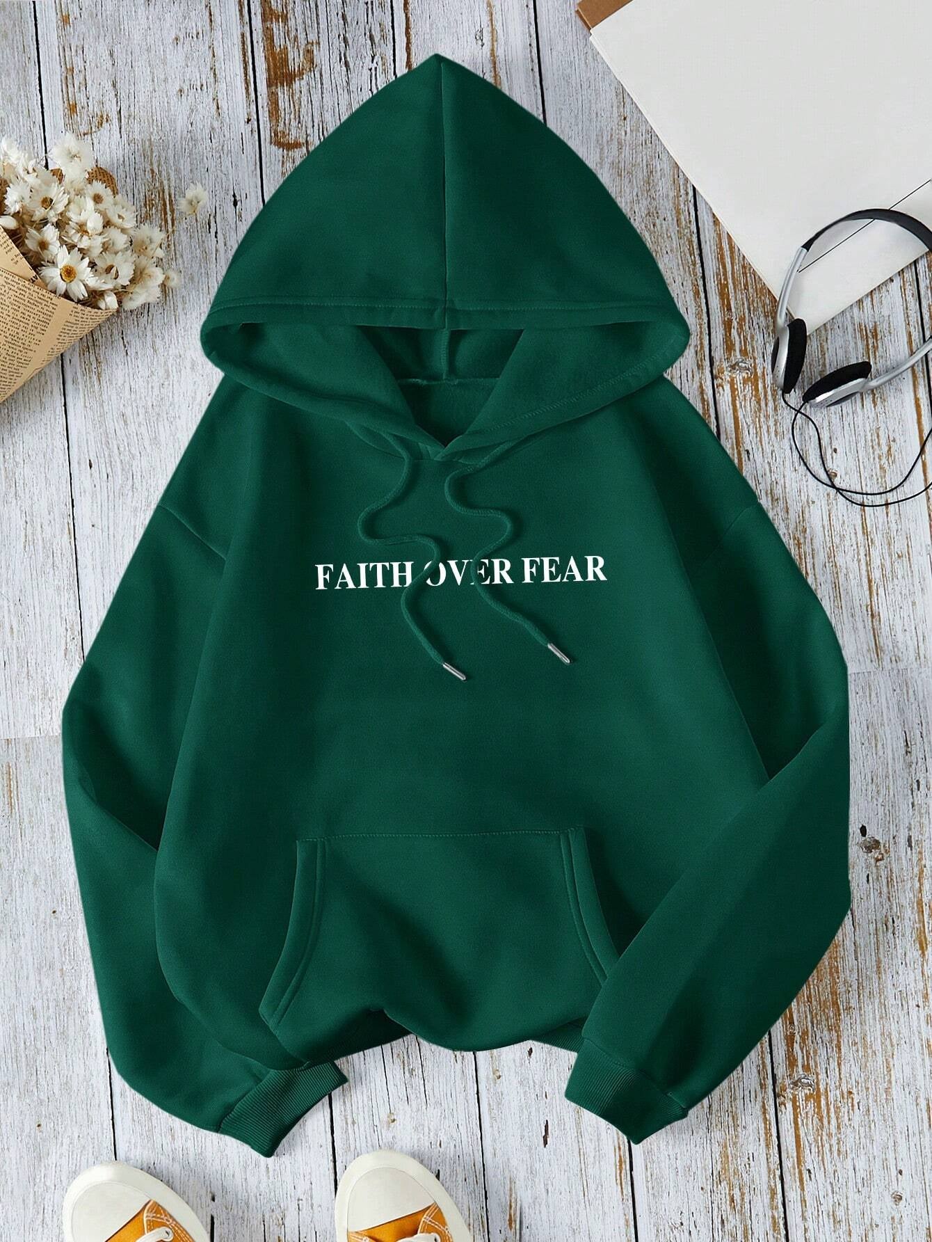 Ezwear Women'S Casual Simple Slogan Printed Hooded Sweatshirt FAITH over FEAR the LORD IS on MY SIDE I WILL NOT FEAR WHAT CAN MAN DO to PSALMS 118: 6