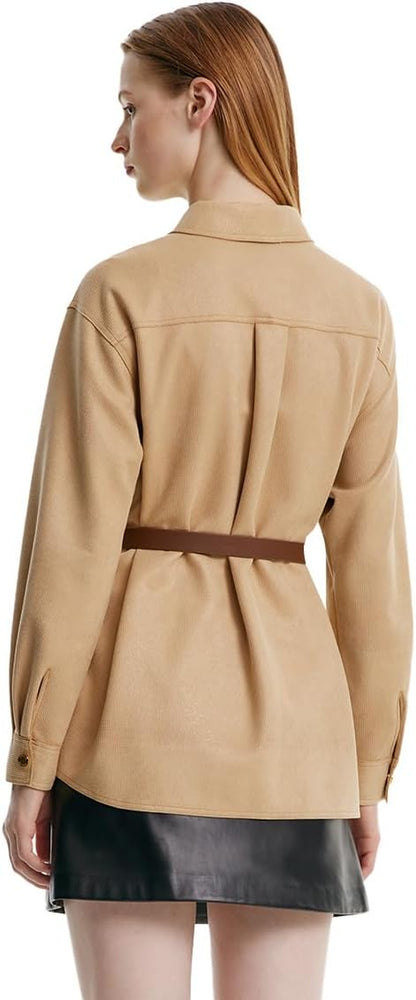 Faux Suede Jacket with Leather Belt Camel Button Turndown Collar Womens Fall Coat