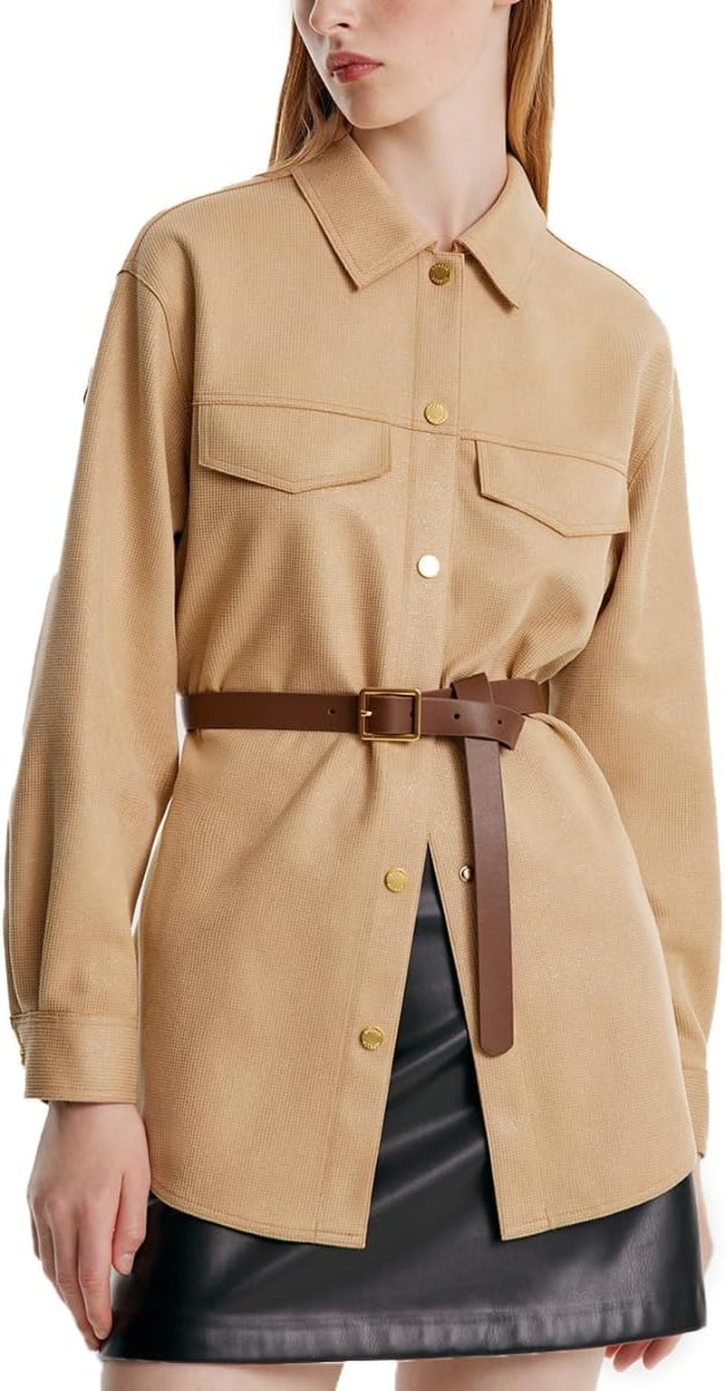 Faux Suede Jacket with Leather Belt Camel Button Turndown Collar Womens Fall Coat