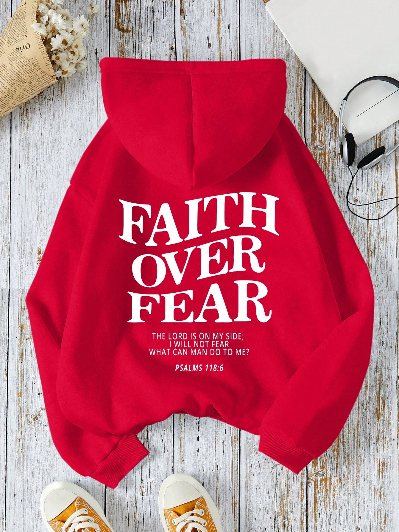 Ezwear Women'S Casual Simple Slogan Printed Hooded Sweatshirt FAITH over FEAR the LORD IS on MY SIDE I WILL NOT FEAR WHAT CAN MAN DO to PSALMS 118: 6