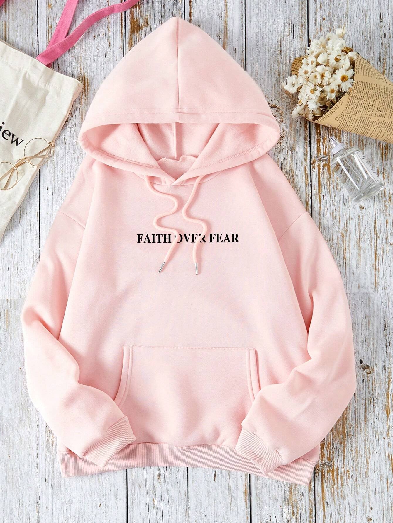 Ezwear Women'S Casual Simple Slogan Printed Hooded Sweatshirt FAITH over FEAR the LORD IS on MY SIDE I WILL NOT FEAR WHAT CAN MAN DO to PSALMS 118: 6