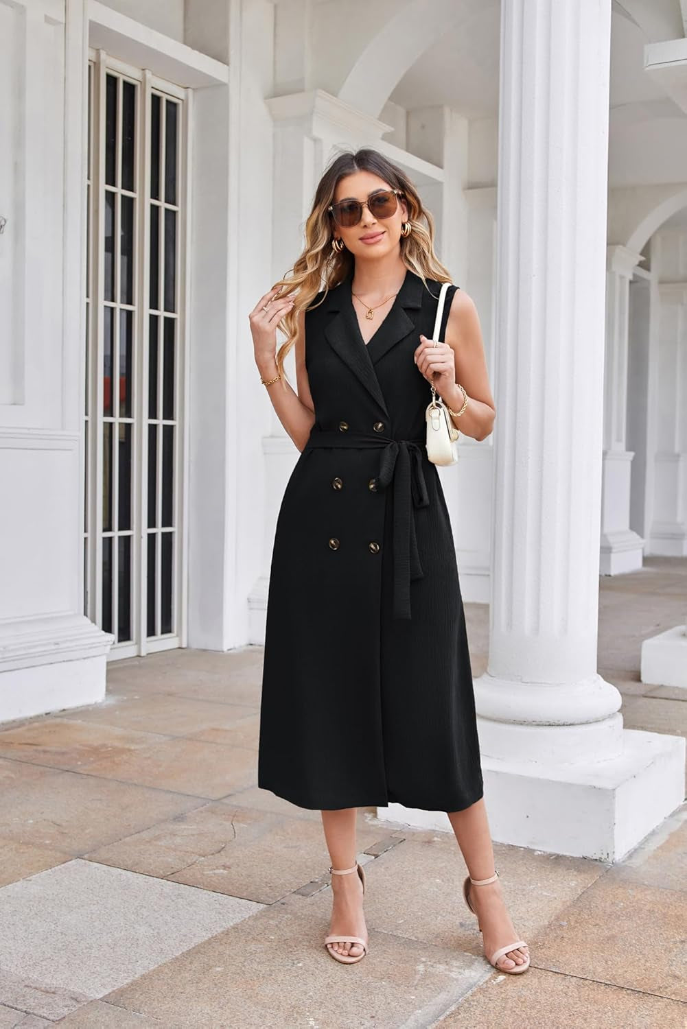 Womens Business Casual Midi Dress 2024 Summer Button down Shirt Dress Sleeveless Lapel V Neck with Pockets