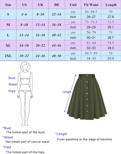 Women'S Vintage Stretch High Waist A-Line Flared Midi Skirts with Pockets & Belts