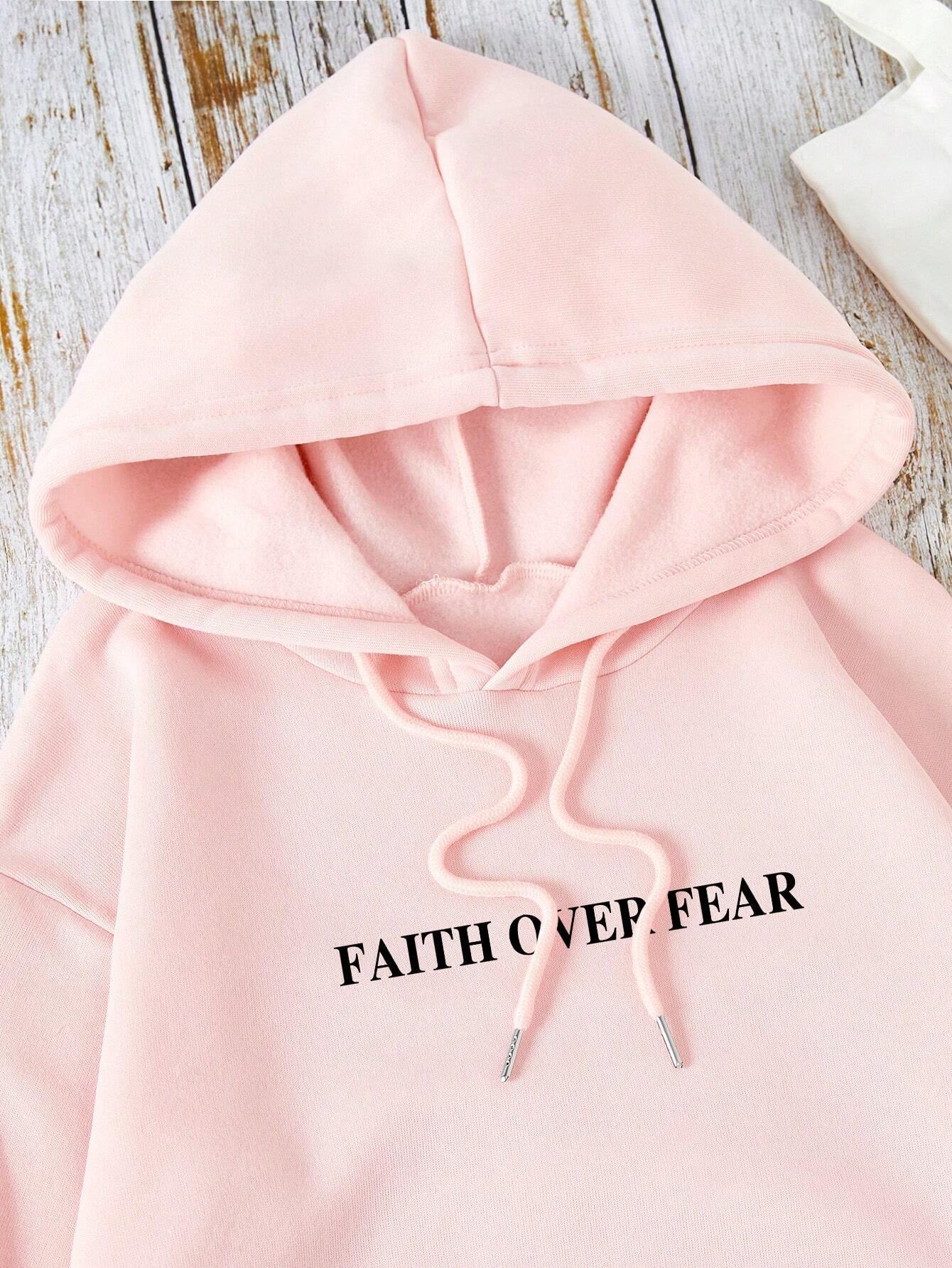 Ezwear Women'S Casual Simple Slogan Printed Hooded Sweatshirt FAITH over FEAR the LORD IS on MY SIDE I WILL NOT FEAR WHAT CAN MAN DO to PSALMS 118: 6