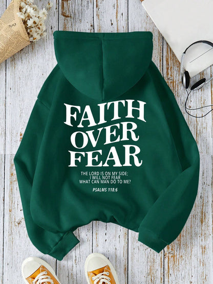 Ezwear Women'S Casual Simple Slogan Printed Hooded Sweatshirt FAITH over FEAR the LORD IS on MY SIDE I WILL NOT FEAR WHAT CAN MAN DO to PSALMS 118: 6