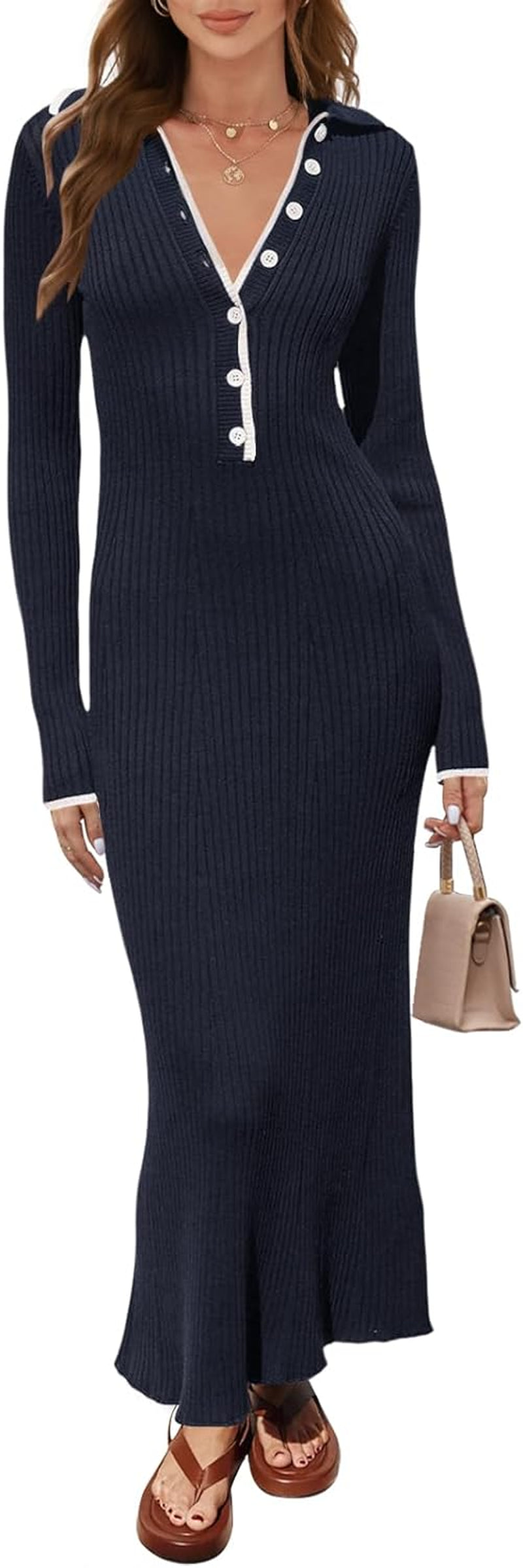 Women'S Long Sleeve V Neck Sweater Dress Button Ribbed Knit Slim Fit Elegant Maxi Dresses