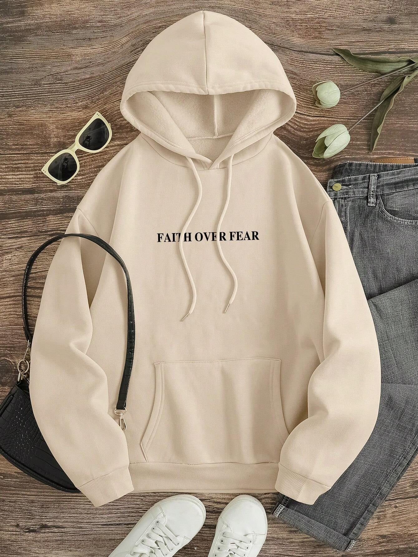 Ezwear Women'S Casual Simple Slogan Printed Hooded Sweatshirt FAITH over FEAR the LORD IS on MY SIDE I WILL NOT FEAR WHAT CAN MAN DO to PSALMS 118: 6