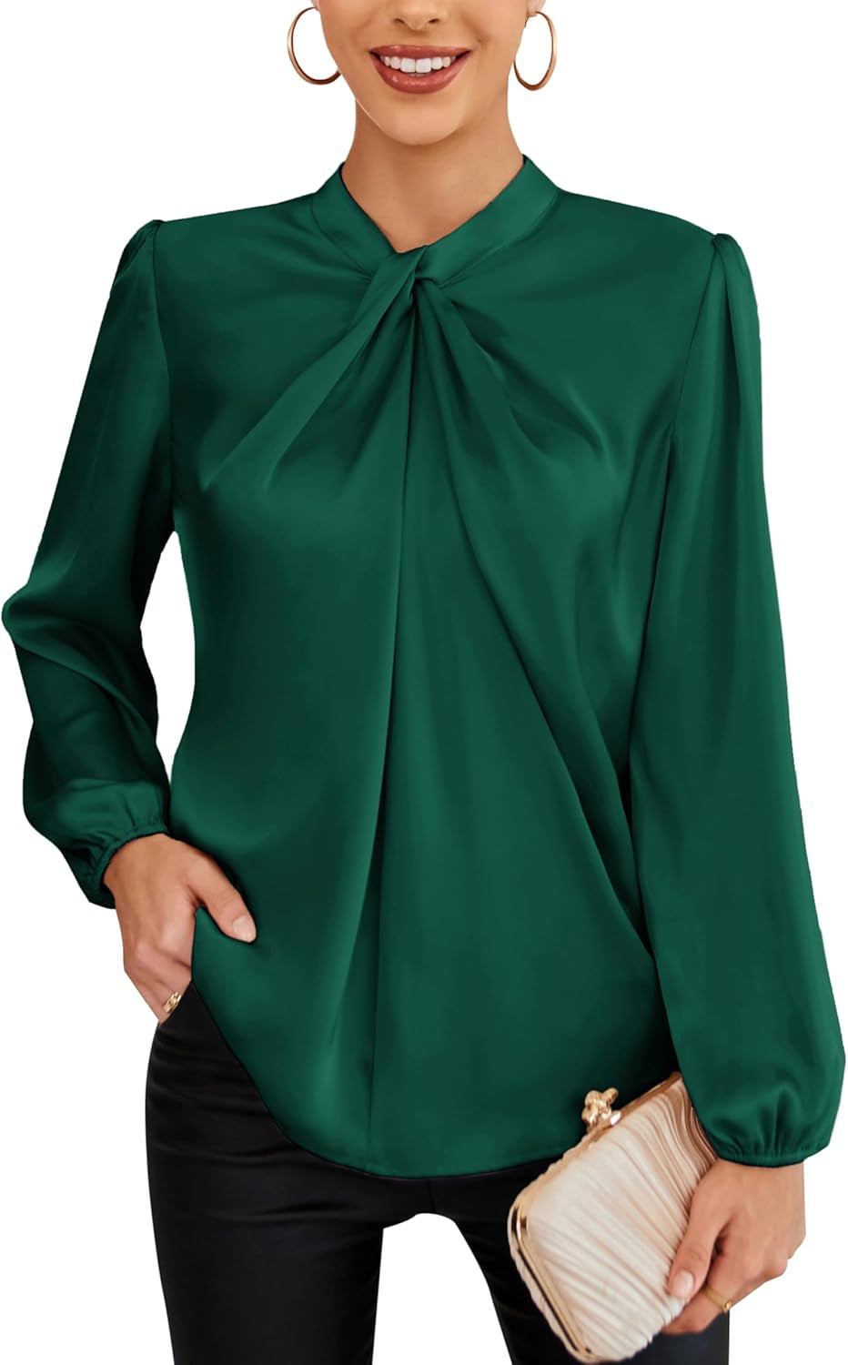 Women'S Long Sleeve Shirts Mock Neck Casual Satin Blouse Tops for Business Office Work