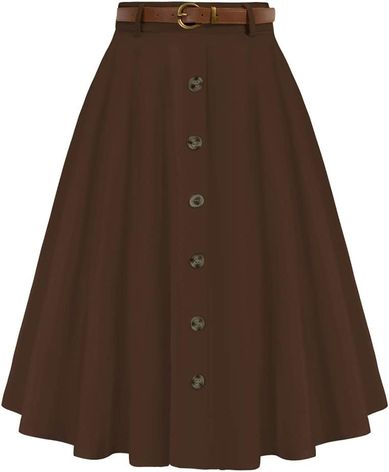 Women'S Vintage Stretch High Waist A-Line Flared Midi Skirts with Pockets & Belts