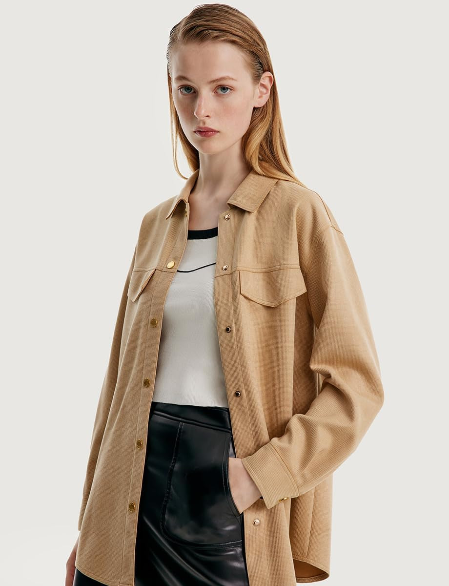 Faux Suede Jacket with Leather Belt Camel Button Turndown Collar Womens Fall Coat