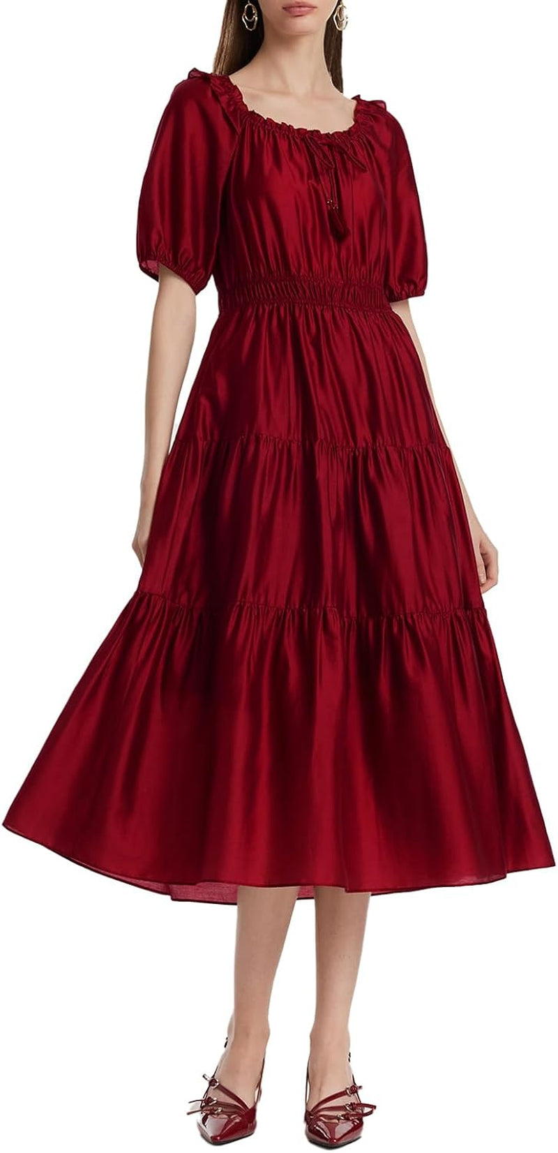 Summer Prom Formal Dress for Women Square Neck Ruffle Tiered Maxi Flowy Dresses with Puff Sleeves